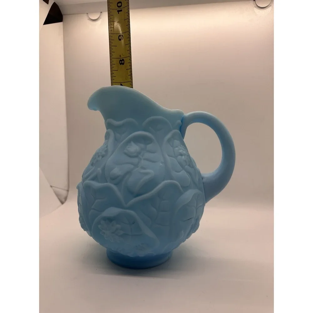 Vintage Fenton Blue‎ Satin Glass Water Lily Pattern Pitcher